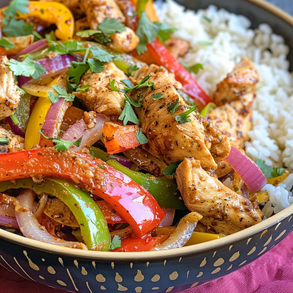 Close-up of a Chicken Fajita Bowl showcasing grilled chicken, rice, and fresh toppings.