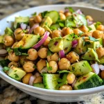 Side view of a fresh salad with diced cucumbers, avocado, and chickpeas.