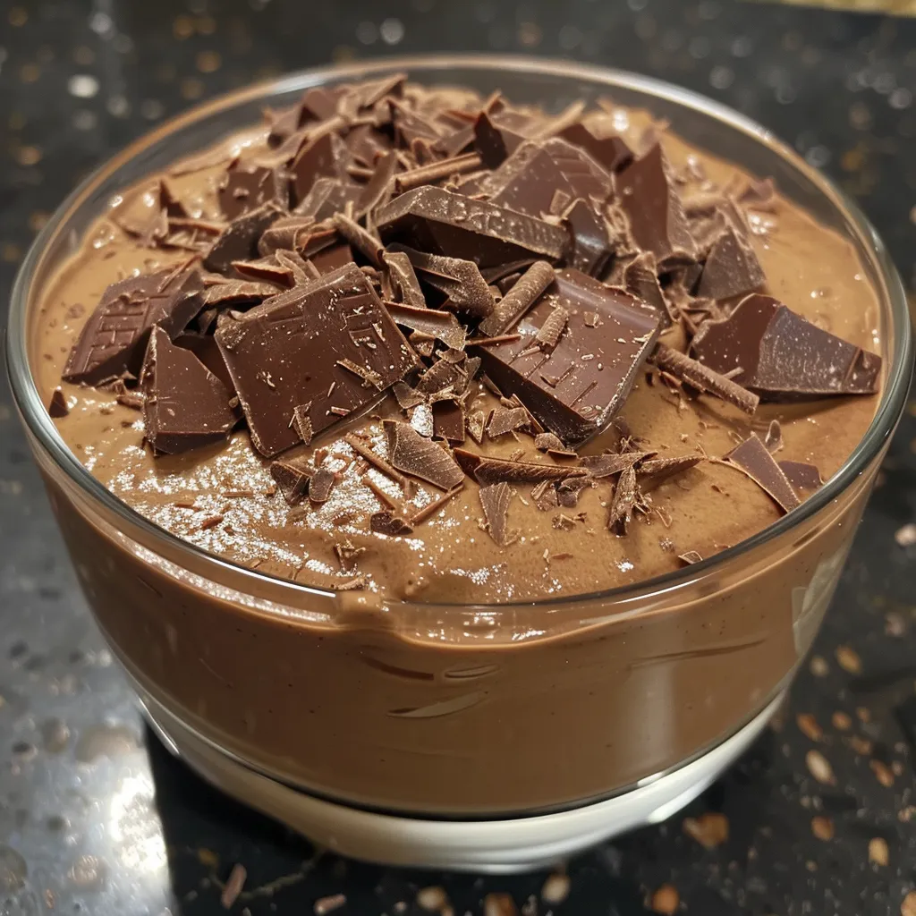A decadent serving of chocolate mousse with glossy texture visible.
