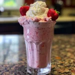 Juicy classic strawberry milkshake with fresh strawberries, presented in a tall glass, showcasing its creamy texture.