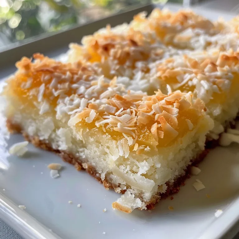 Sun-Kissed Coconut Bars: A Slice of Paradise in Every Bite Detailed image of homemade coconut bars topped with shredded coconut, placed on a white plate.