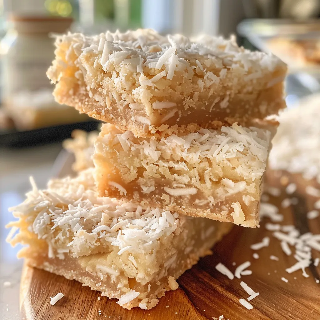 Freshly baked coconut bars stacked in neat layers, showcasing their creamy filling.