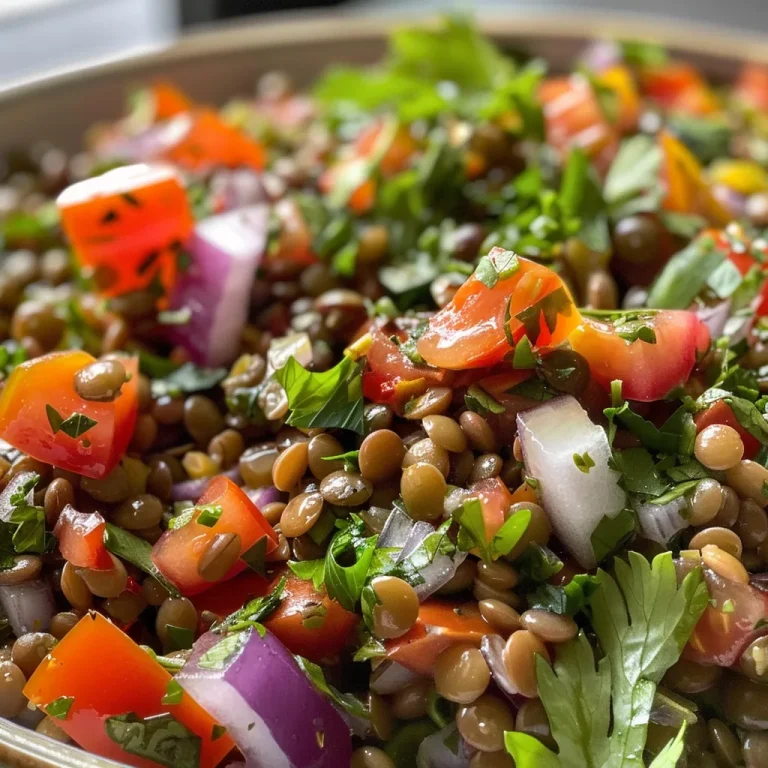 A Bowl of Vibrant Harvest: Cold Lentil Salad That Tells a Colorful Tale Juicy cold lentil salad featuring diced red and yellow peppers, cherry tomatoes, and shredded cabbage.