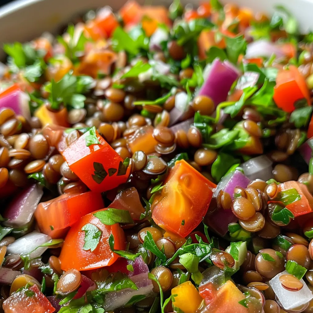 A flavorful mix of green and brown lentils with fresh vegetables and herbs in a bowl.