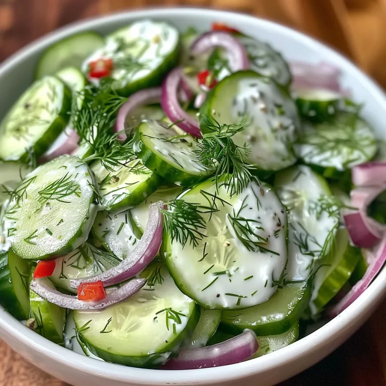 Side view of a refreshing cucumber salad adorned with dill and a velvety yogurt dressing.