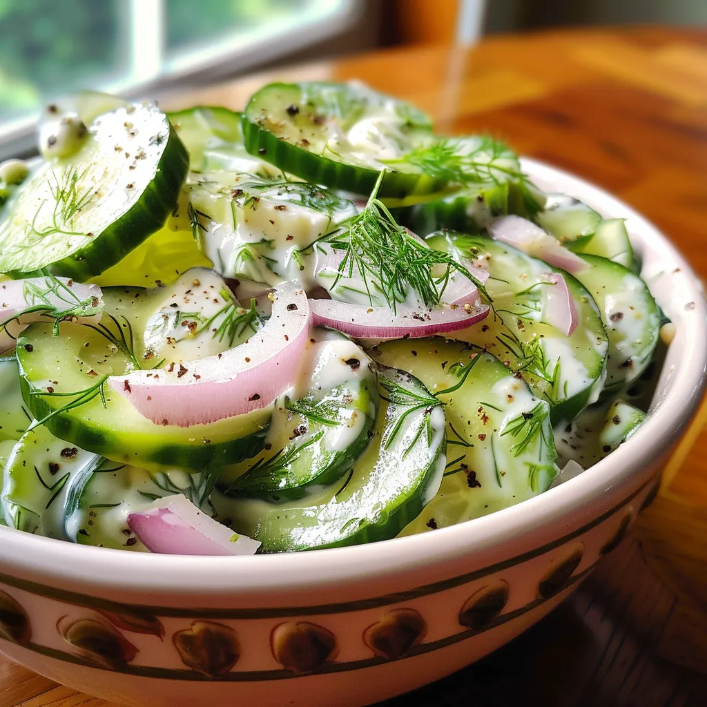Detailed view of creamy cucumber and red onion salad, highlighted by a rich dressing.