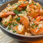 A side view of a shrimp bowl featuring garlic butter sauce and herbs.
