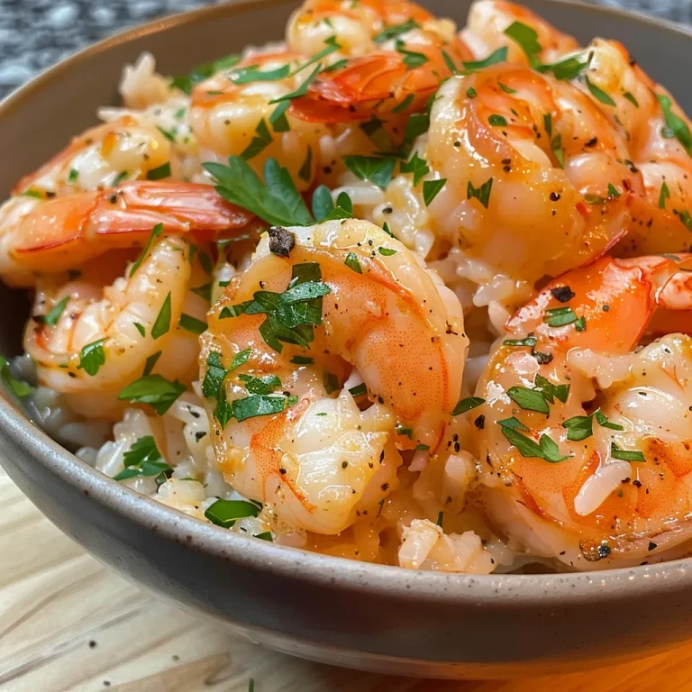Savoring Simplicity: The Creamy Garlic Butter Shrimp Bowl That Warms the Heart A side view of a shrimp bowl featuring garlic butter sauce and herbs.