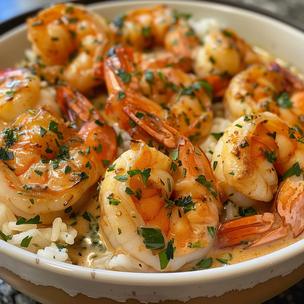 Juicy shrimp in a creamy garlic sauce, beautifully presented in a bowl.