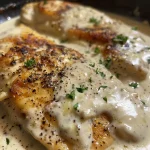 Side view of succulent creamy garlic chicken in a rich sauce.