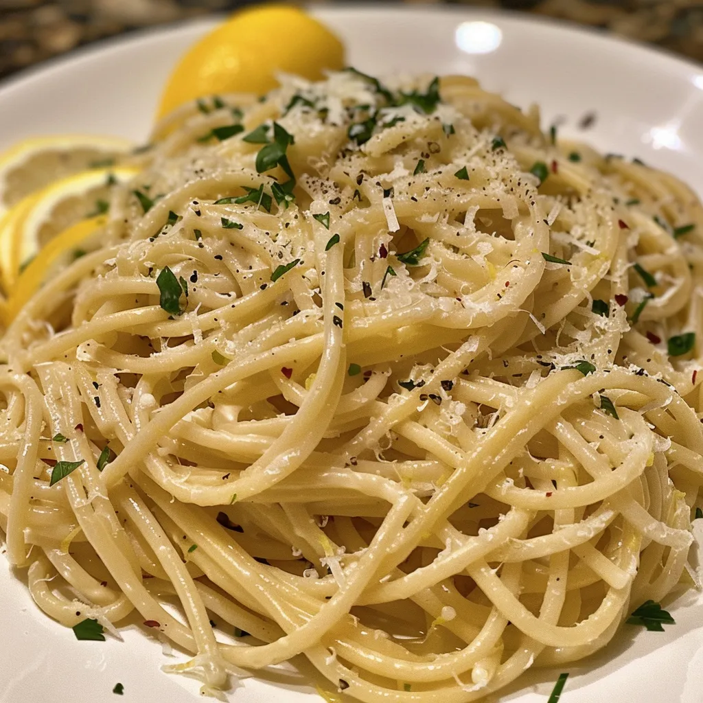 Pasta dish showcasing creamy sauce, lemon zest, and fresh herbs.