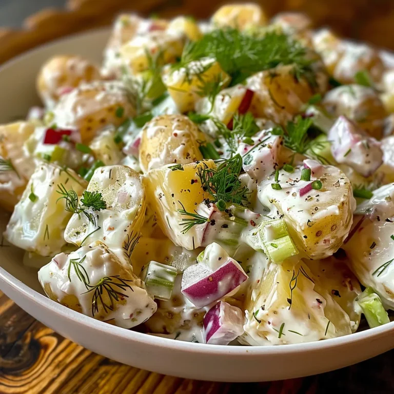 Whispers of Love in Every Bite: The Ultimate Dreamy Creamy Potato Salad Delicious potato salad featuring mayonnaise, sour cream, and chopped veggies.