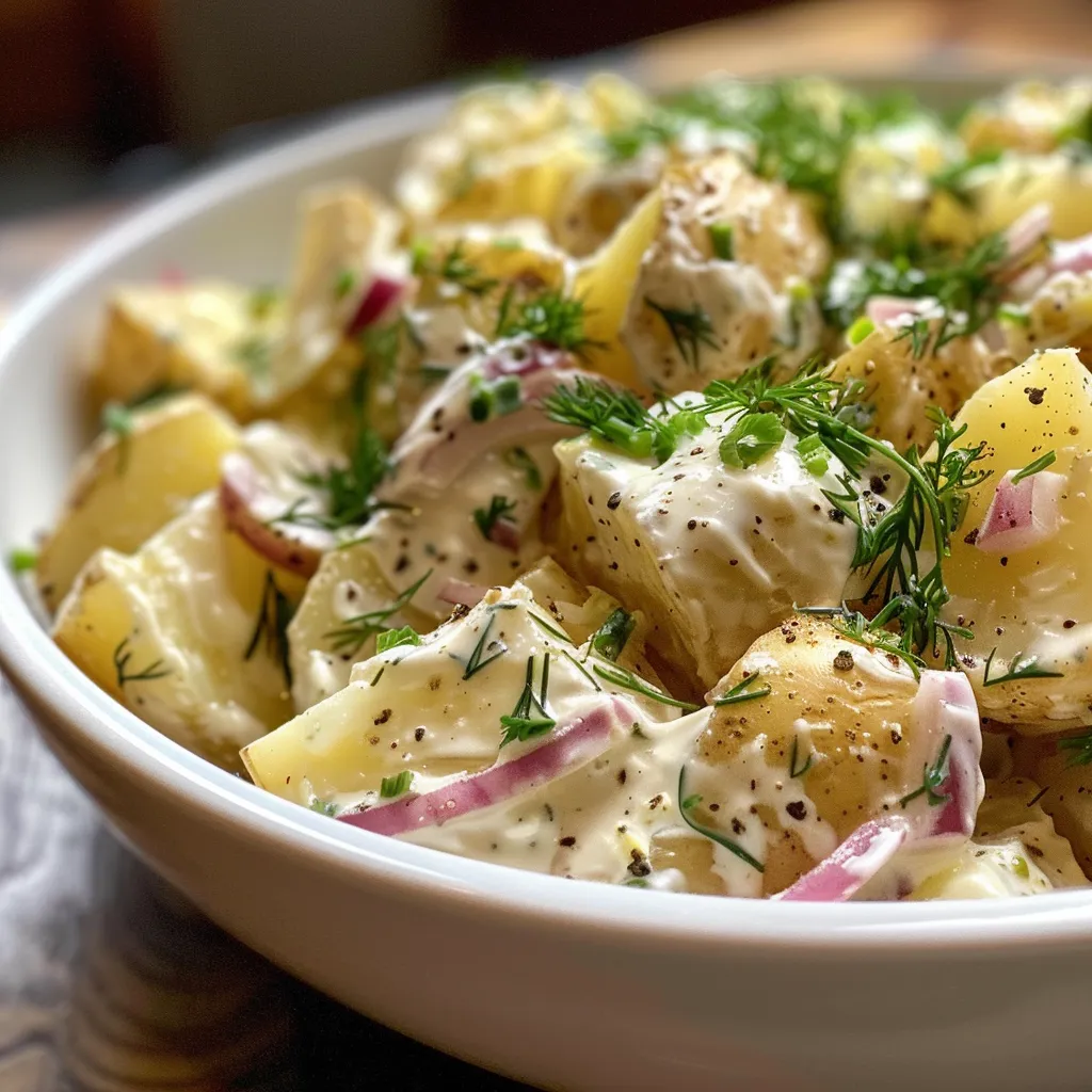 Side view of a vibrant creamy potato salad ready to serve, showcasing its ingredients.