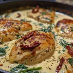 Side view of creamy Tuscan garlic chicken, highlighting its rich sauce and fresh ingredients.