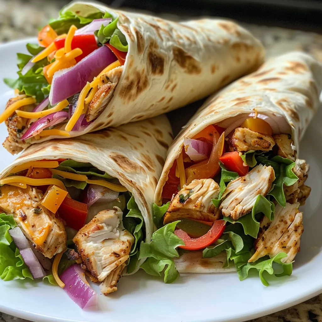 Richly textured crispy chicken wraps with lettuce and red onions visible.