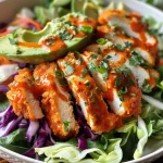 Detailed image of a bowl filled with crispy buffalo chicken, topped with ranch dressing and vegetables.