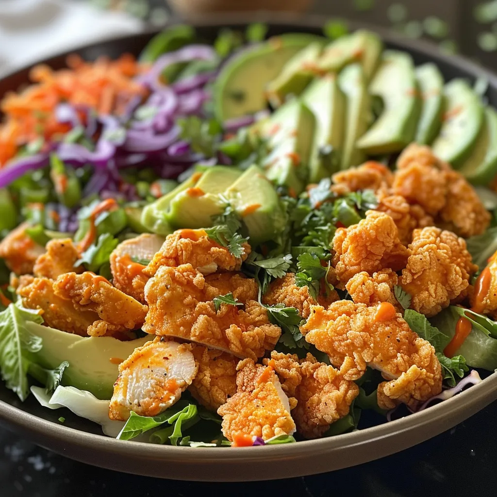 Vibrant buffalo chicken salad showcasing shredded carrots, cabbage, and ranch dressing in a colorful presentation.