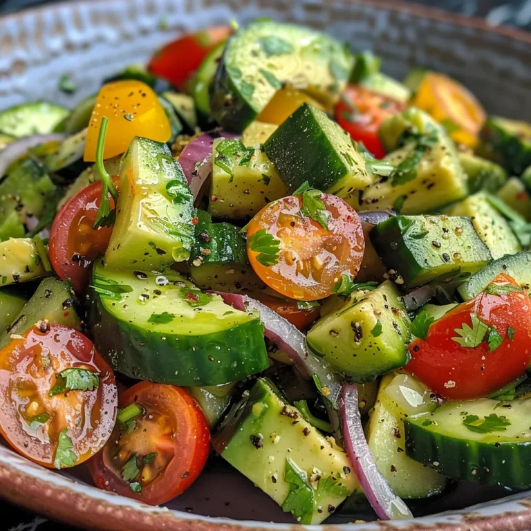 A Refreshing Hug in a Bowl: Cucumber Avocado Salad Juicy cucumber avocado salad in a bowl, highlighting diced vegetables and garnished with lime juice.