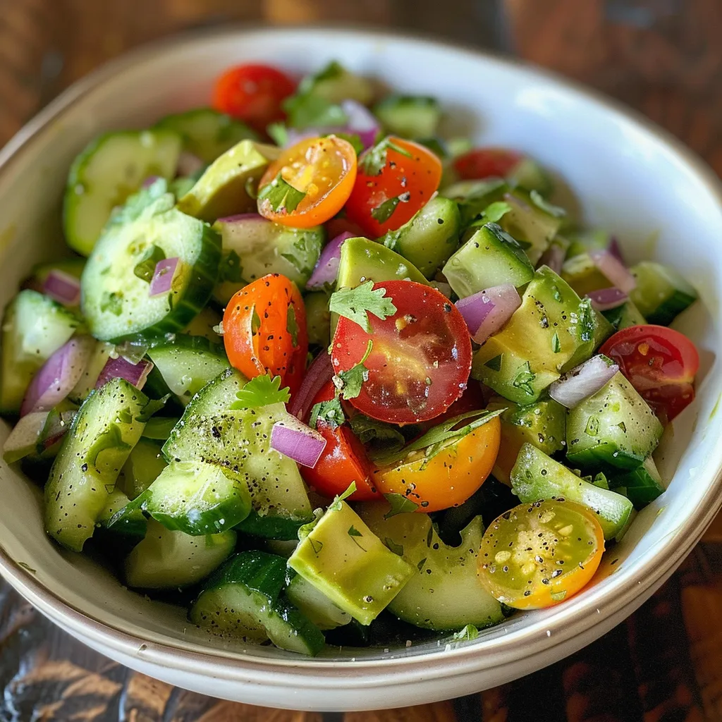 A refreshing salad featuring diced cucumbers, avocados, and cherry tomatoes, with a drizzle of olive oil.