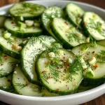 Juicy cucumber salad arranged elegantly, showcasing fresh ingredients and a creamy texture.