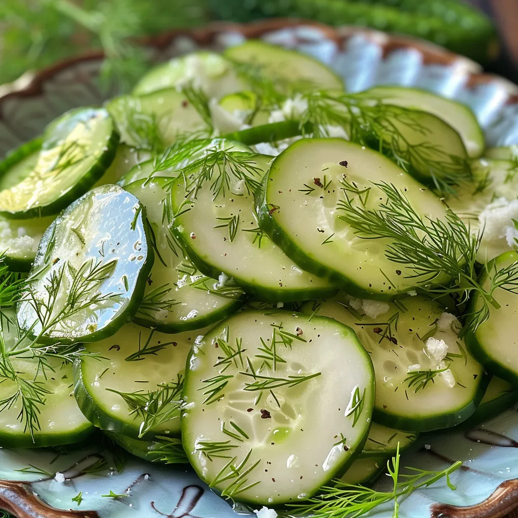 Detailed image of cucumber salad garnished with dill, emphasizing the creamy sour cream dressing.