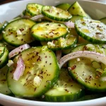 Side view of a colorful cucumber salad drizzled with olive oil and vinegar.