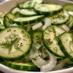 Juicy Cucumber Vinegar Salad with fresh dill and onions captured in a detailed close-up shot.