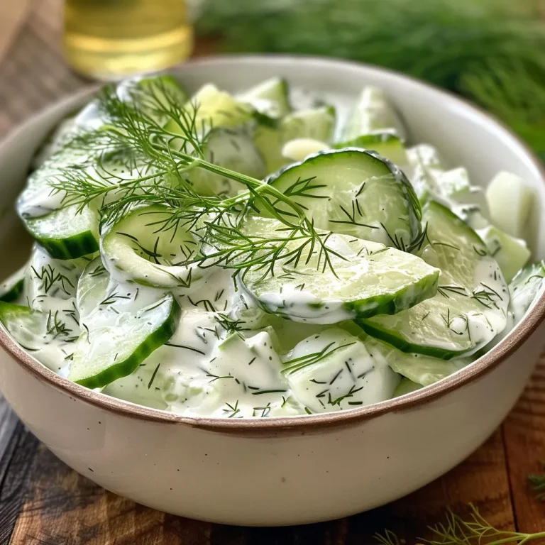 A Refreshing Embrace: The Cucumber Yogurt Dill Salad That Captures Summer’s Essence A vibrant cucumber salad featuring yogurt and fresh dill on a plate.