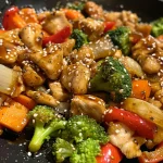 Healthy chicken stir fry with a vibrant mix of bell peppers and broccoli, shown in detail.