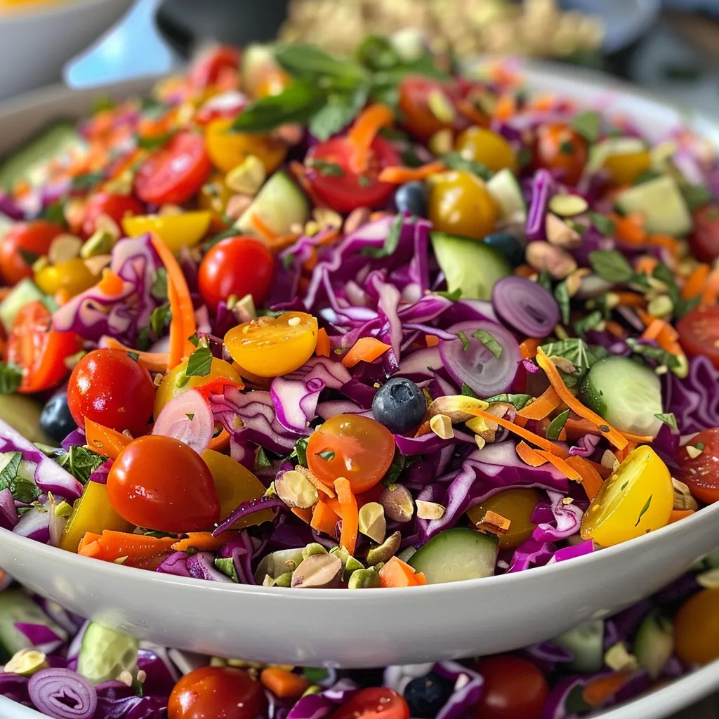 A bowl of colorful salad ingredients including cucumber, carrots, and mint displayed appetizingly.