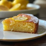 Juicy flourless lemon cake shown from the side, displaying a soft and inviting yellow hue.