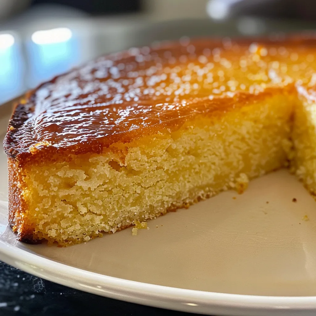 An inviting side view of a flourless lemon yogurt cake, emphasizing its tender crumb and lemon glaze.
