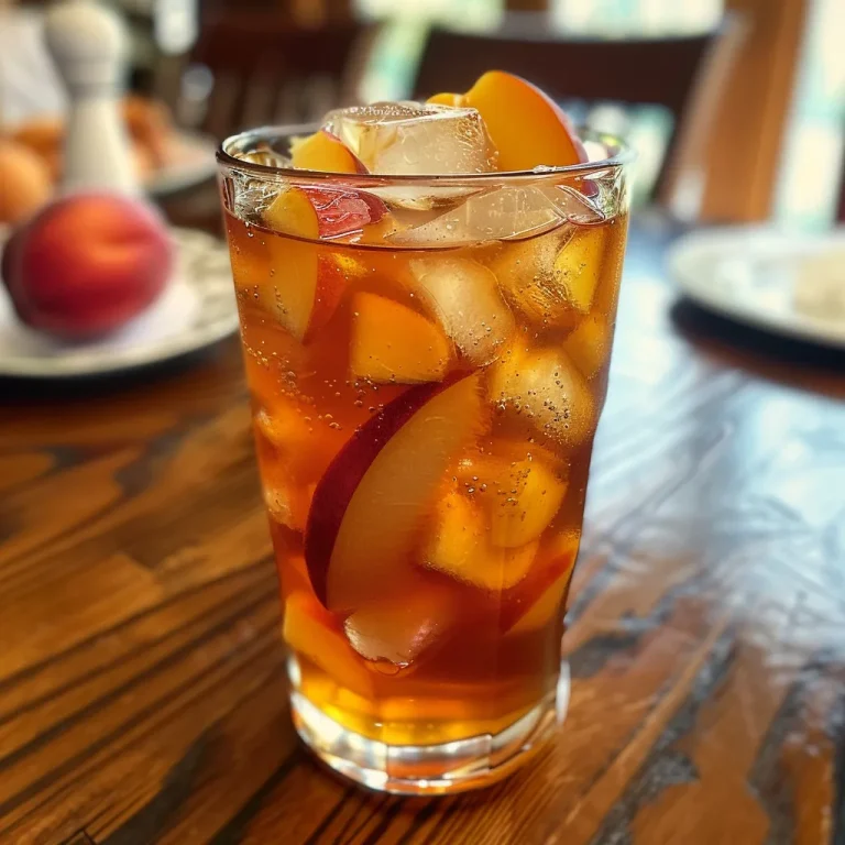 A glass filled with peach iced tea garnished with fresh peach slices, served cold.