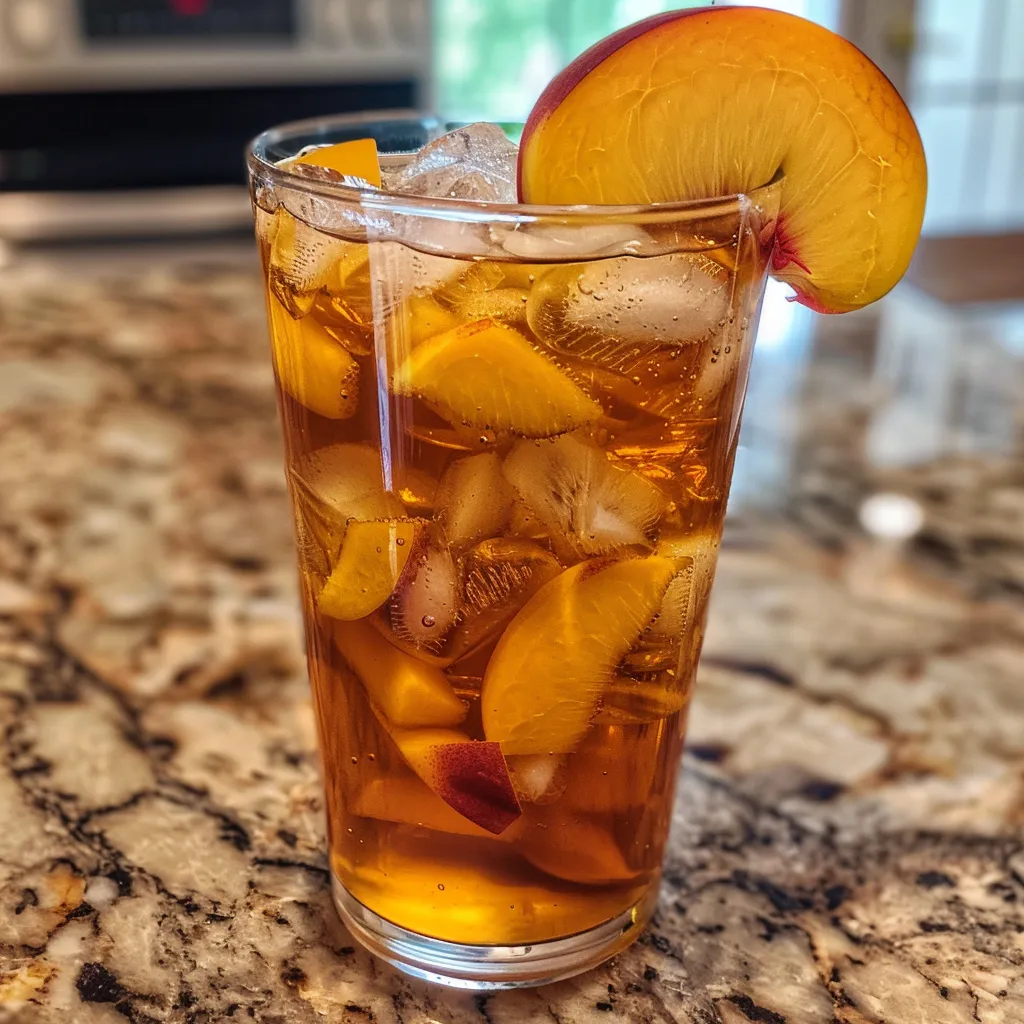 Detailed view of iced tea made with fresh peaches and black tea, served in a clear glass.