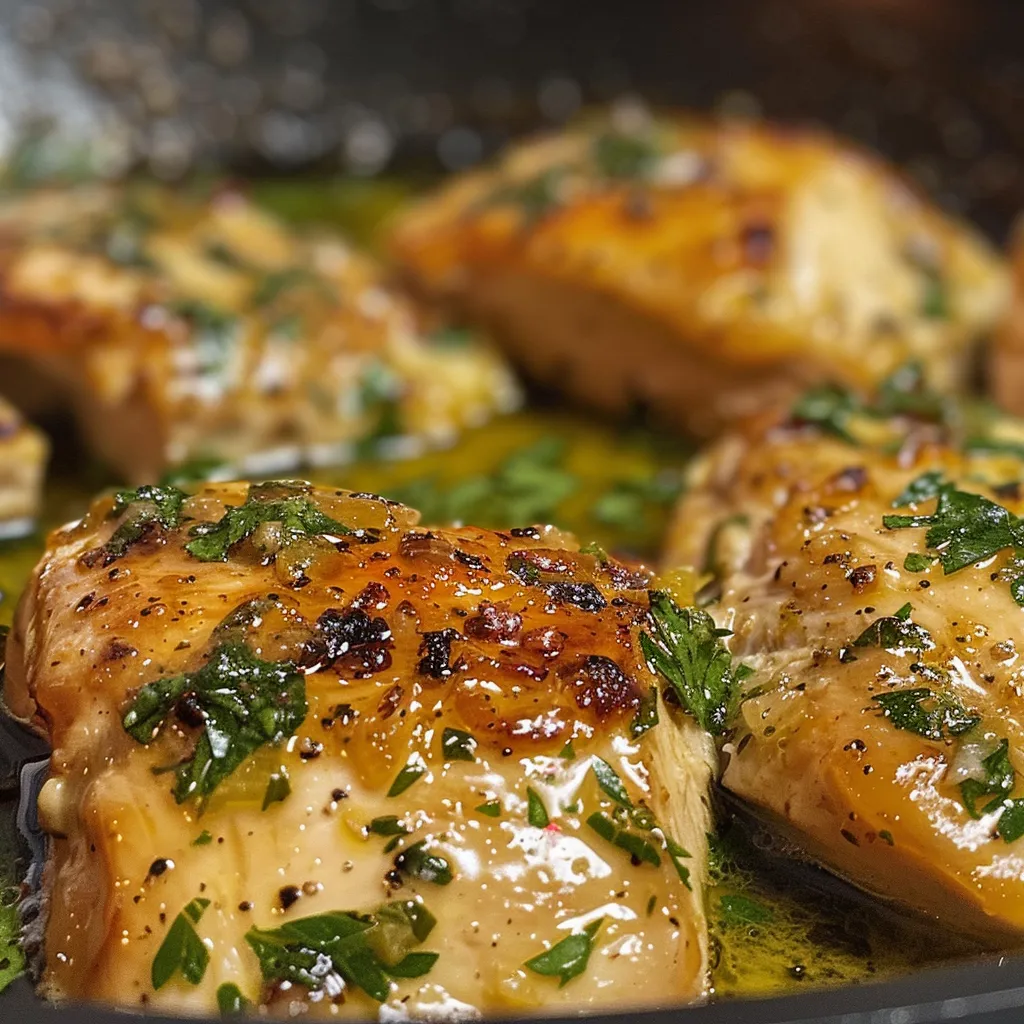 Plate of Garlic Butter Chicken with melted butter and herbs glistening.