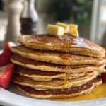 A tempting display of gluten-free almond flour pancakes with a drizzle of syrup.