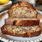 Side profile image of freshly baked gluten-free banana bread sitting on a wooden board.