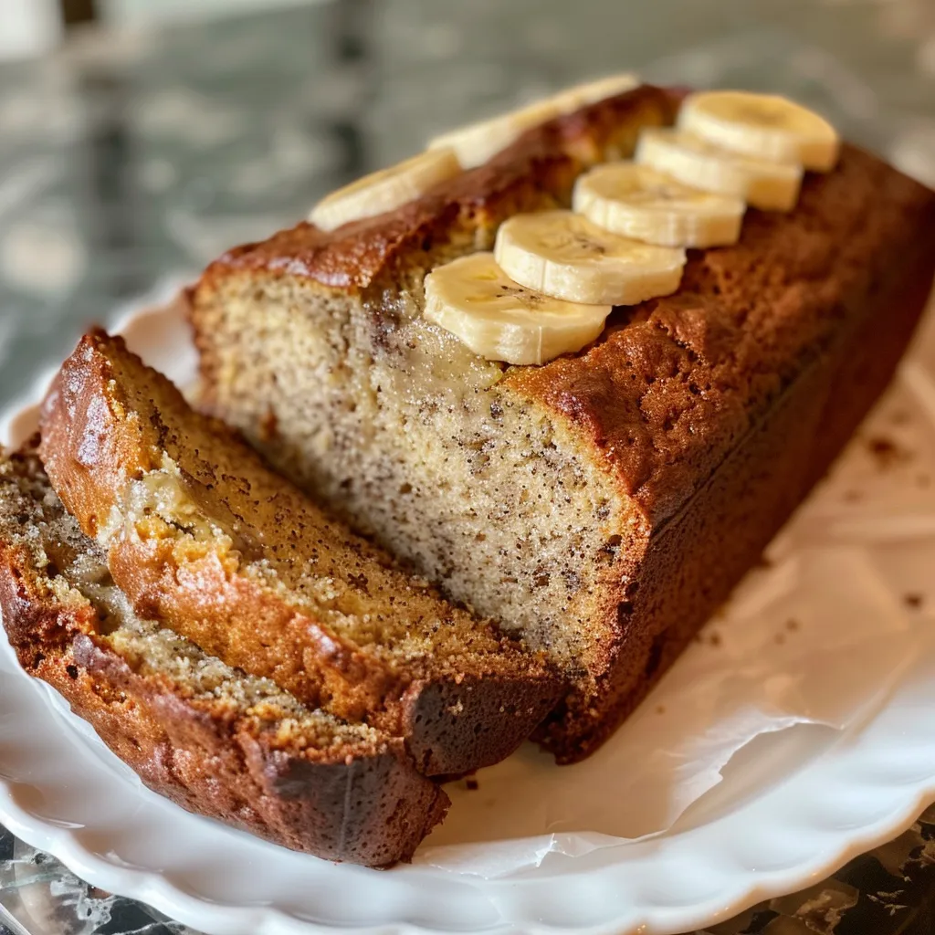 Juicy, golden gluten-free banana bread displayed with a focus on its fluffy texture.