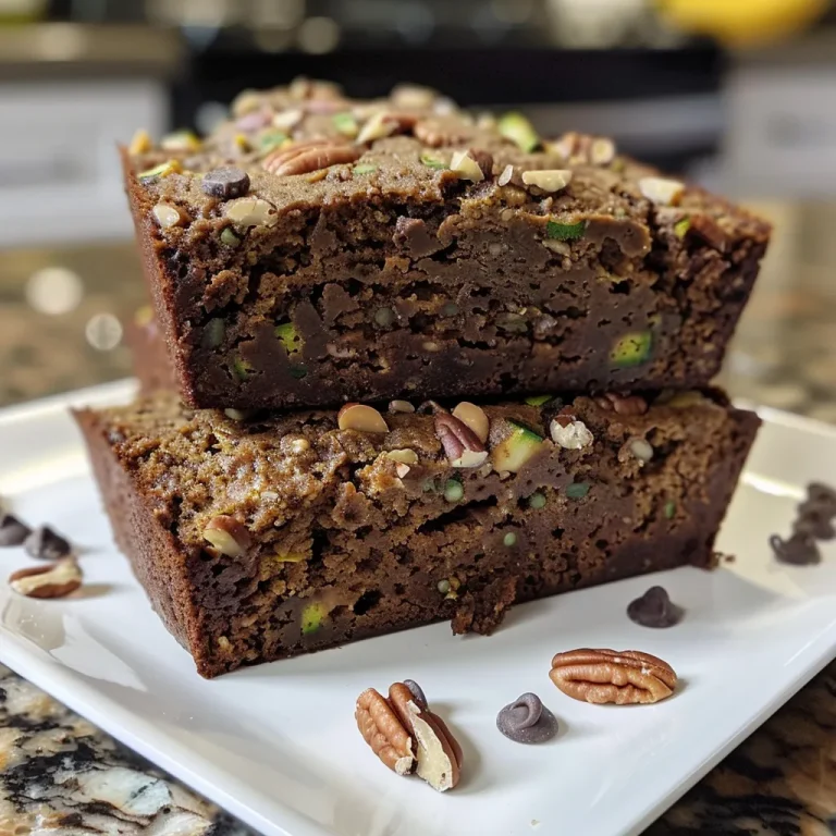 A detailed image of Grain-Free Banana Zucchini Bread highlighting its moist interior and crunchy topping of pecans and chocolate.