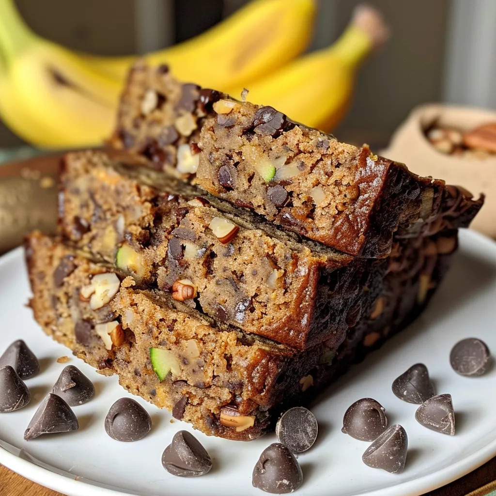 An appetizing side view of Grain-Free Banana Zucchini Bread, showcasing its dense texture with visible zucchini and banana pieces.