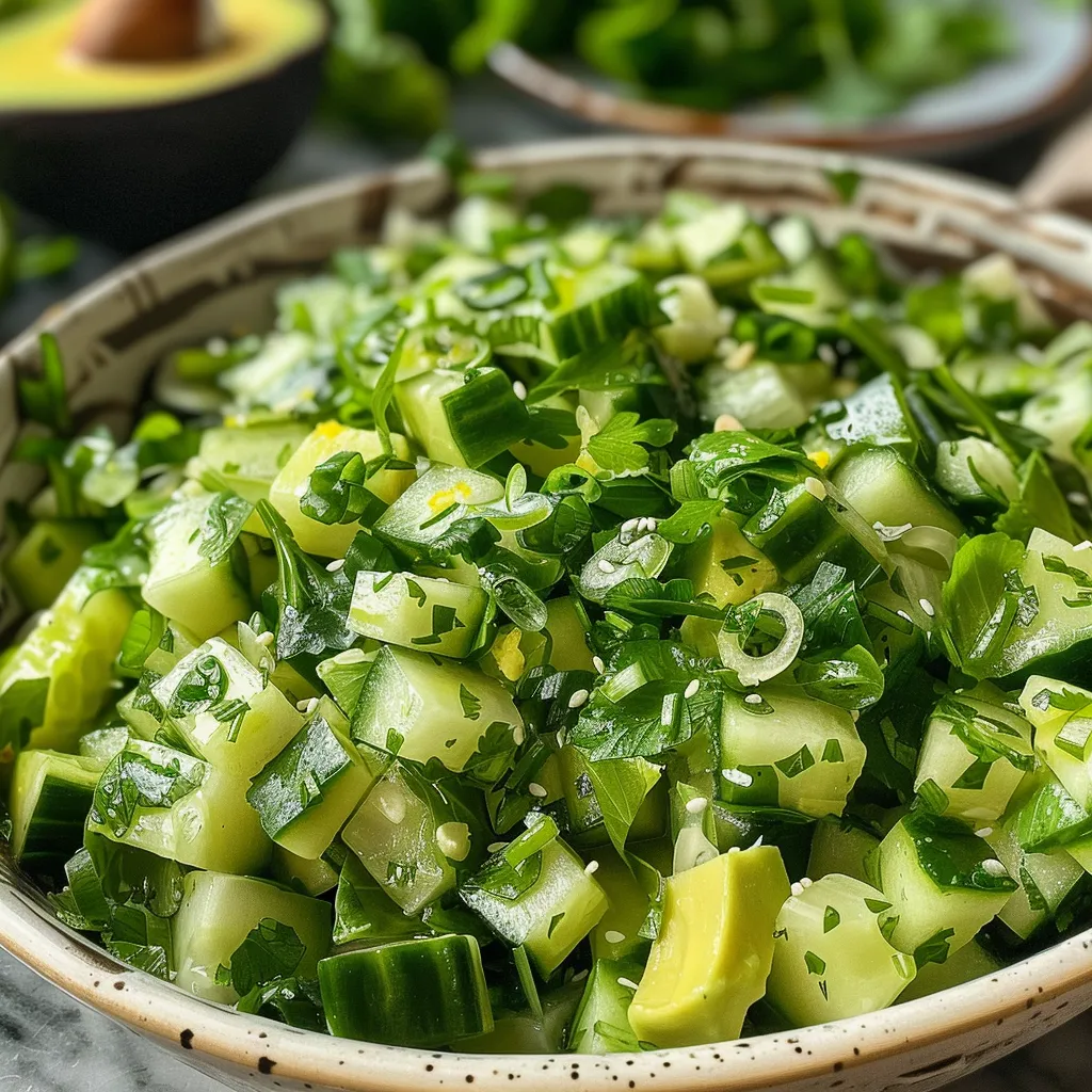 Detailed view of an appetizing Green Goddess Salad showcasing its bright and fresh components.