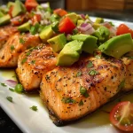 Detailed view of grilled salmon garnished with fresh avocado salsa against a neutral background.