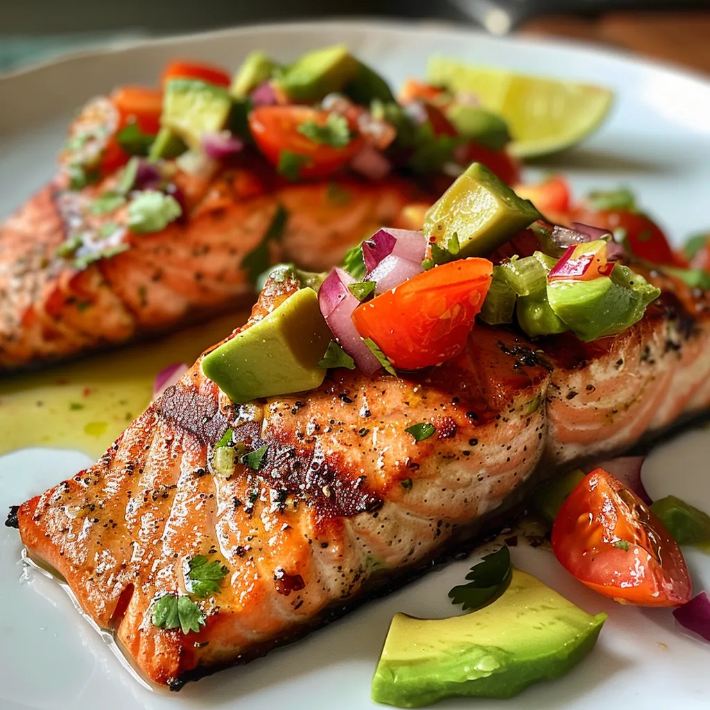 A succulent grilled salmon fillet with colorful avocado salsa, showcasing fresh ingredients.