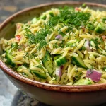 Detailed view of a Herbed Lemon Orzo Salad showcasing cucumbers, onions, and herbs.