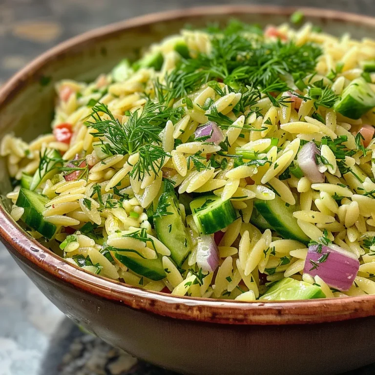Detailed view of a Herbed Lemon Orzo Salad showcasing cucumbers, onions, and herbs.