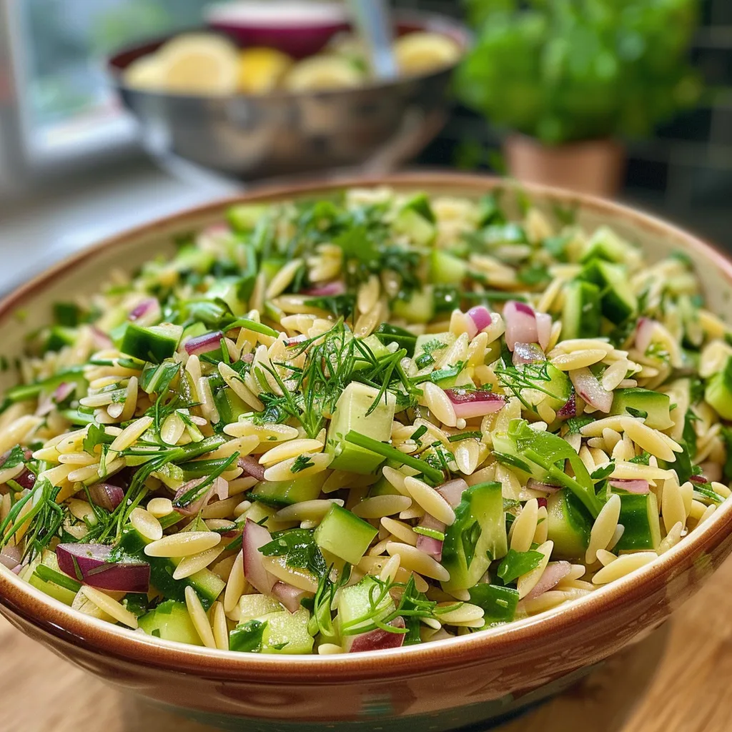 Juicy Herbed Lemon Orzo Salad presented in a bowl, highlighting its fresh ingredients.