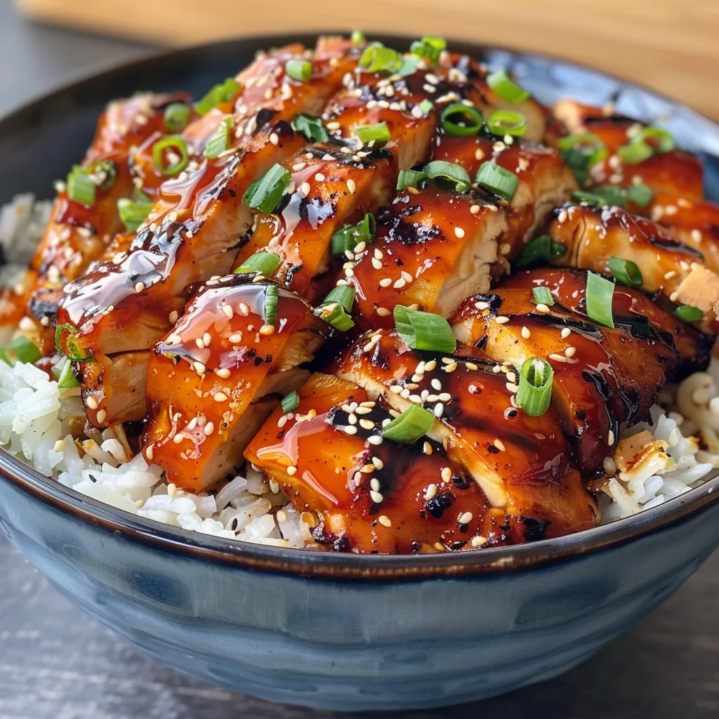 A vibrant close-up of a bowl of Honey BBQ Chicken Rice with visible textures of chicken and rice.