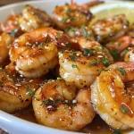 Side view of shrimp cooked in a glossy honey garlic glaze, showcasing their texture.