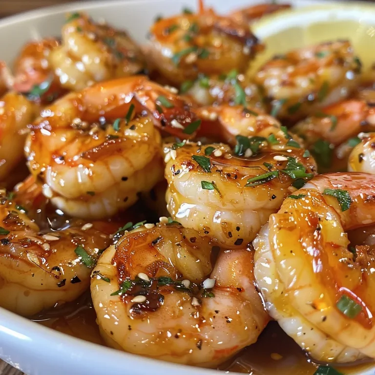 Sweet Moments: Honey Garlic Shrimp That Bring Us Together Side view of shrimp cooked in a glossy honey garlic glaze, showcasing their texture.