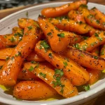 Juicy honey glazed carrots, beautifully plated with a sprinkle of fresh parsley.